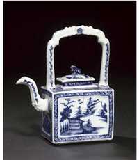 A blue and white rectangular teapot and cover